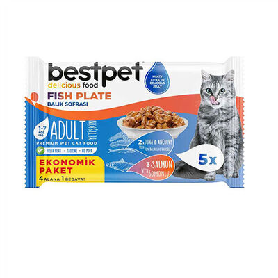 BestPet Somonlu Ton Balıklı ve Hamsili Tahılsız Yetişkin Kedi Konservesi 5x85 Gr 