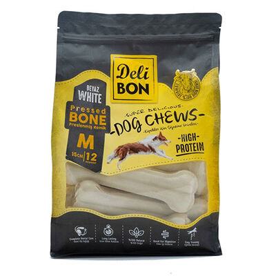 Delibon Beyaz Pres Deri Kemik Köpek Ödülü Medium 12'li 15 cm 