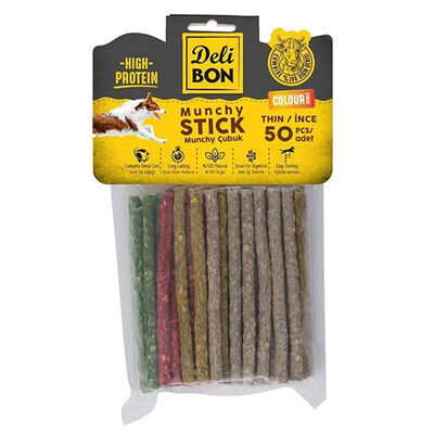 Delibon Munchy Renkli İnce Deri Çubuk Köpek Ödülü 50'li 