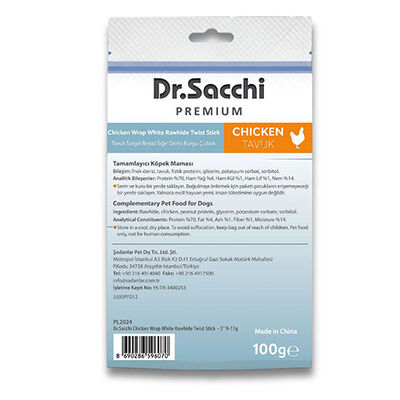 Dr.Sacchi Premium Tavuk Sargılı Beyaz Sığır Derisi Burgu Çubuk Tahılsız Köpek Ödülü 5'' 10'lu 100 Gr 