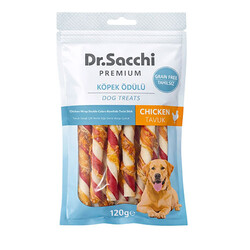 Dr.Sacchi - Dr.Sacchi Premium Tavuk Sargılı Çift Renkli Sığır Derisi Burgu Çubuk Tahılsız Köpek Ödülü 5'' 10'lu 120 Gr 