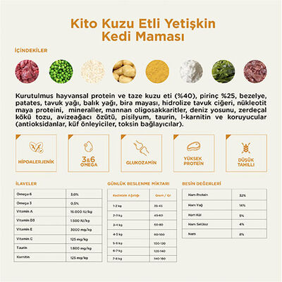 Kito Doğal Besi Kuzu Etli Yetişkin Kedi Maması 2 Kg 