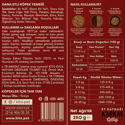 Kito Fresh Dana Etli Hipoalerjenik Taze Köpek Yemeği 250 Gr 