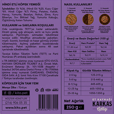 Kito Fresh Hindi Etli Hipoalerjenik Taze Köpek Yemeği 250 Gr 