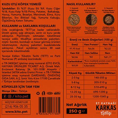 Kito Fresh Kuzu Etli Hipoalerjenik Taze Köpek Yemeği 250 Gr 
