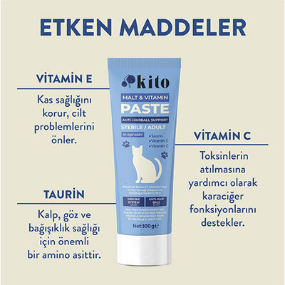 Kito Tüy Yumağı Önleyici ve Sindirim Sistemi Destekleyici Kısır ve Yetişkin Kedi Malt Macunu 100 Gr 