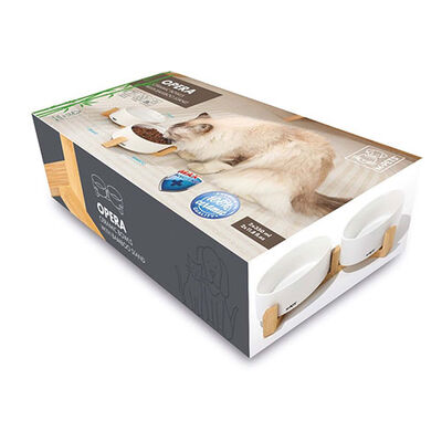 M-Pets Opera Bamboo Standlı Seramik Kedi Mama Kabı Beyaz 2x350 Ml 