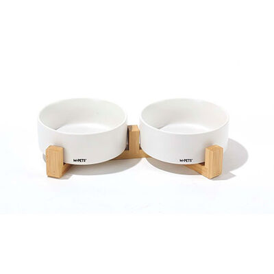 M-Pets Opera Bamboo Standlı Seramik Kedi Mama Kabı Beyaz 2x350 Ml 