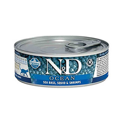 N&D Ocean Levrek ve Mürekkep Balıklı Tahılsız Yetişkin Kedi Konservesi 80 Gr