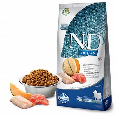 N&D Ocean Somonlu Morina Balıklı Kavunlu Giant Maxi Tahılsız Yetişkin Köpek Maması 12 Kg 