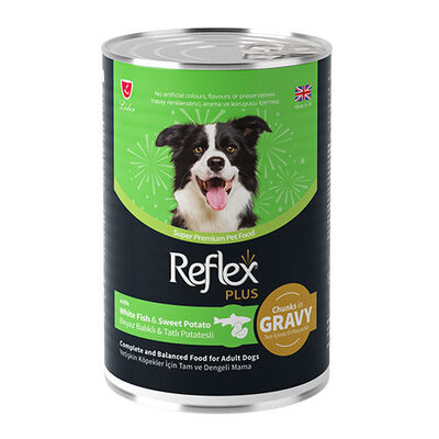 Reflex Plus Sos İçinde Et Parçacıklı Beyaz Balıklı Ve Tatlı Patatesli Yetişkin Köpek Konservesi 24 Adet 400 Gr 