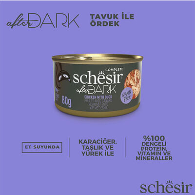 Schesir After Dark Sos İçinde Tavuk Etli ve Ördek Etli Tahılsız Yetişkin Kedi Konservesi 12 Adet 80 Gr 