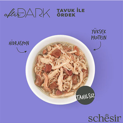 Schesir After Dark Sos İçinde Tavuk Etli ve Ördek Etli Tahılsız Yetişkin Kedi Konservesi 12 Adet 80 Gr 