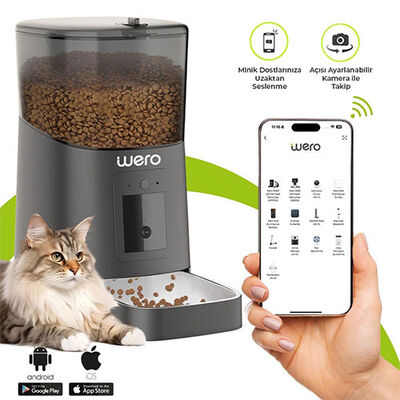 Wero Akıllı Kedi Köpek Mama Kabı Pro 1080p Ayarlanabilir Kamera Wifi Kontrol Pet Feeder Metal Kase Siyah 6 Lt 